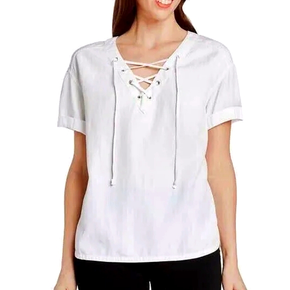 MattyM NWT White Linen Blend Pullover Laced V-neck T-Shirt Blouse - SIZE MEDIUM - Picture 1 of 3